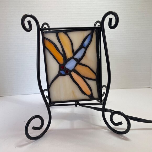 Stained Glass Dragonfly & Rose Panel Table Lamp With Black Metal Base - Picture 3 of 8
